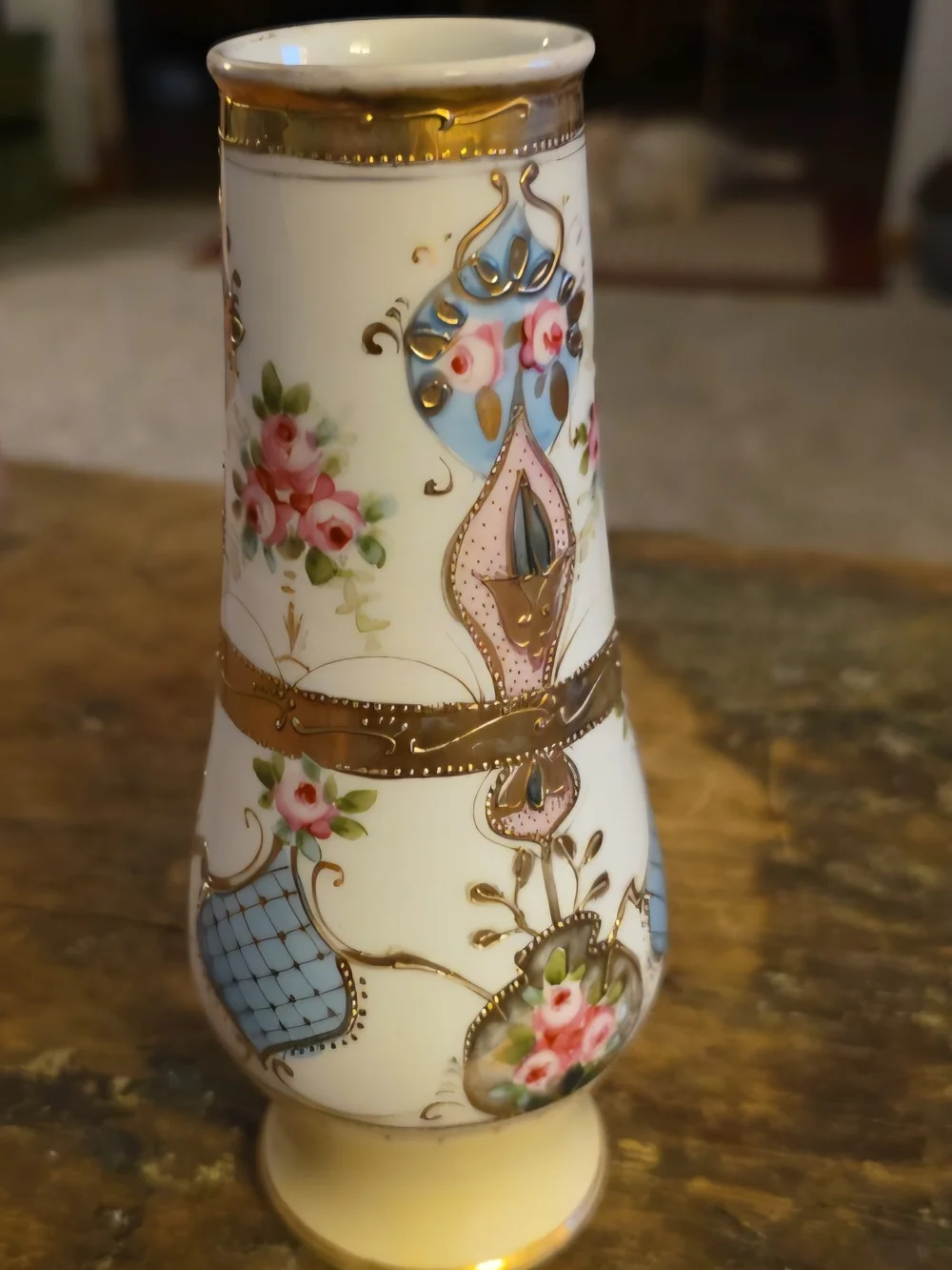 Vintage Decorative Porcelain Vase with Pink Floral and Gold Accents